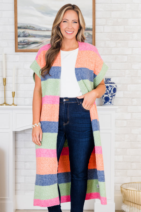 Chic Soul plus size clothing, short-sleeve multi-colored midi length cardigan with a striped pattern detail