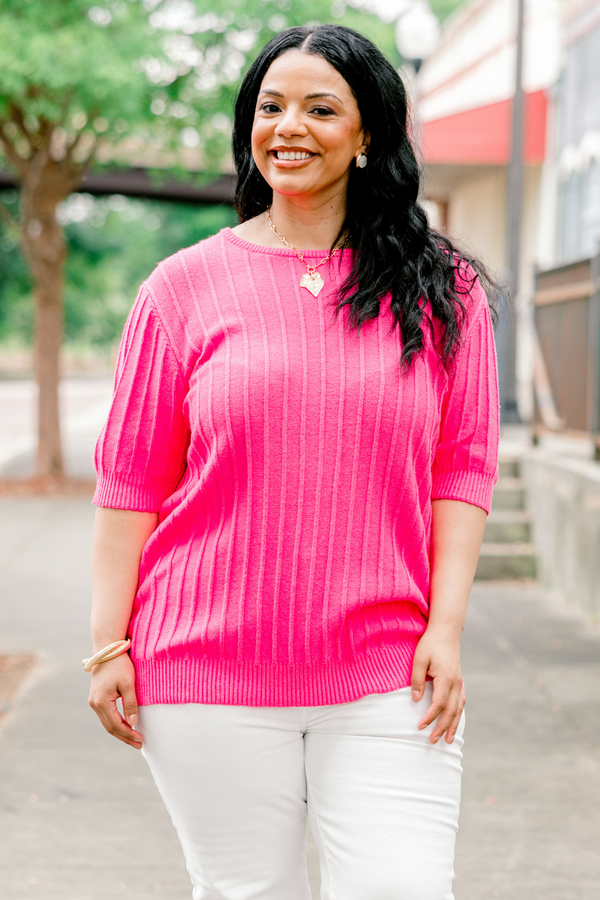 Chic Soul plus size clothing, hot pink half sleeve scoop neck ribbed basic top