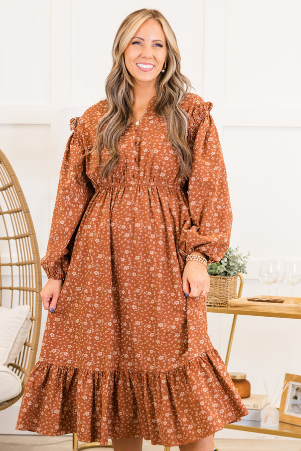 Chic Soul plus size clothing, long-sleeve rust orange floral midi dress with ruffled detailing and smocked waistline with v-neckline and  orange button details