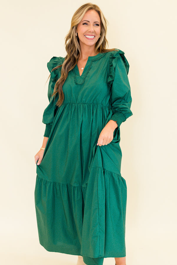 Chic Soul plus size clothing, green long sleeve maxi dress with tiered detail and v cutout along neckline with smocked cuff sleeves with ruffle detail on shoulders 