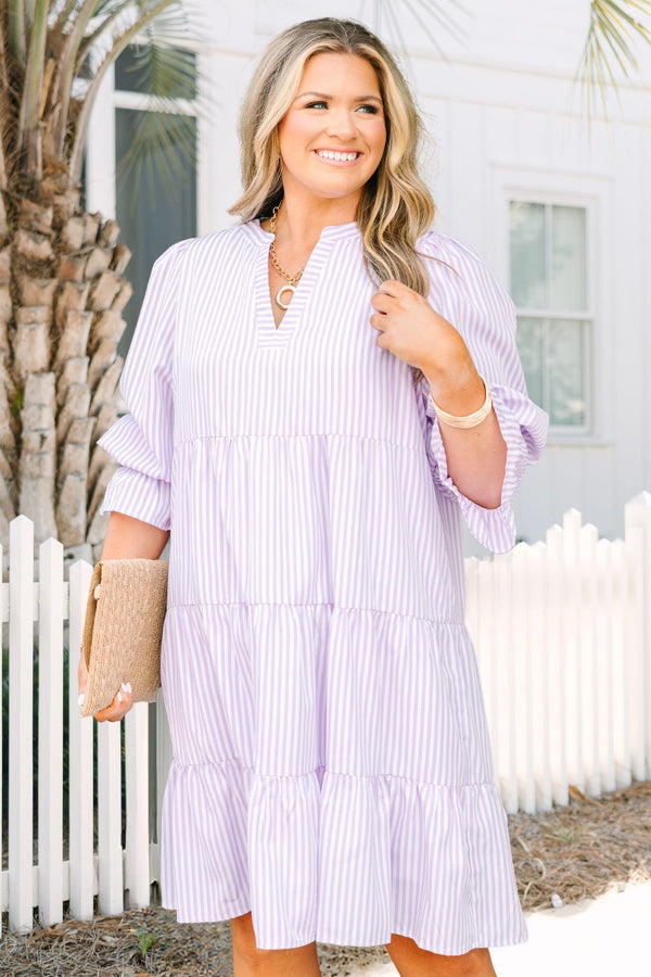 Chic Soul plus size clothing, purple tiered dress with half sleeves and slight v-neckline as well as a striped pattern throughout 