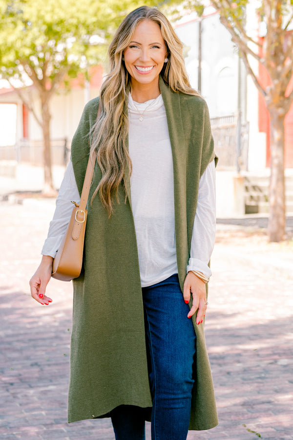 Chic Soul plus size clothing, olive sleeveless cardigan that it below the knee length 