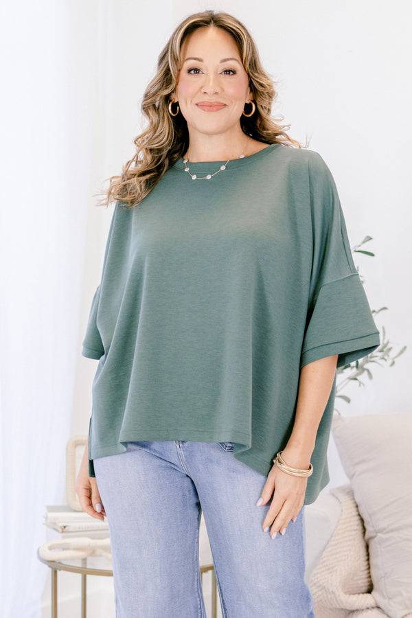 Chic Soul plus size clothing, dusty green short sleeve slightly cropped flowy tshirt top