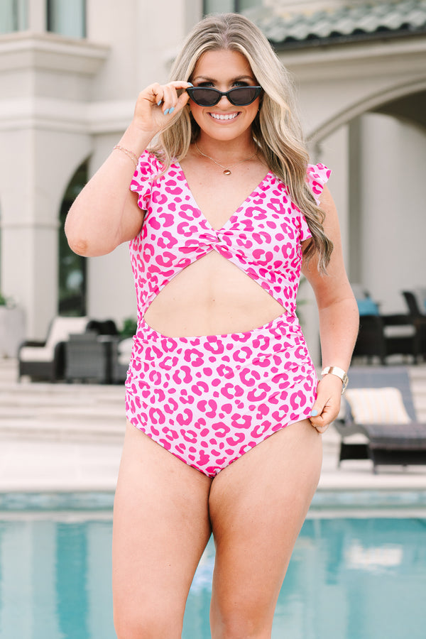 Plus Size pink leopard print one-piece swimsuit with flutter sleeves and a front cutout.