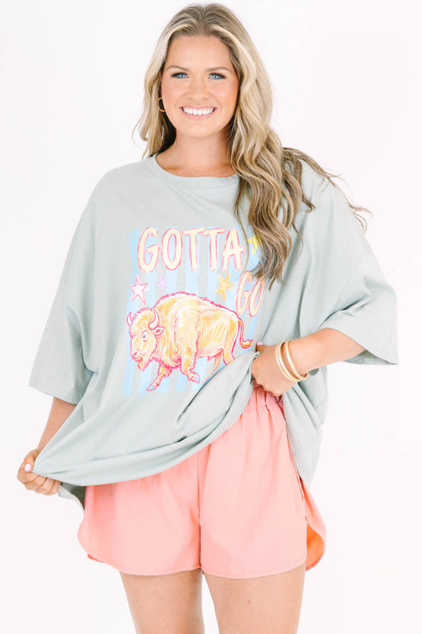 Plus Size light sage boyfriend tee with a buffalo graphic and pink athletic shorts.