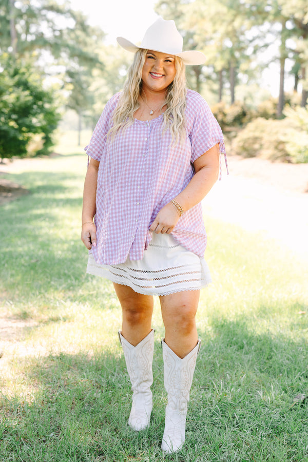 Plus Size pink and white gingham tunic with short tie-sleeves and a button-down front.