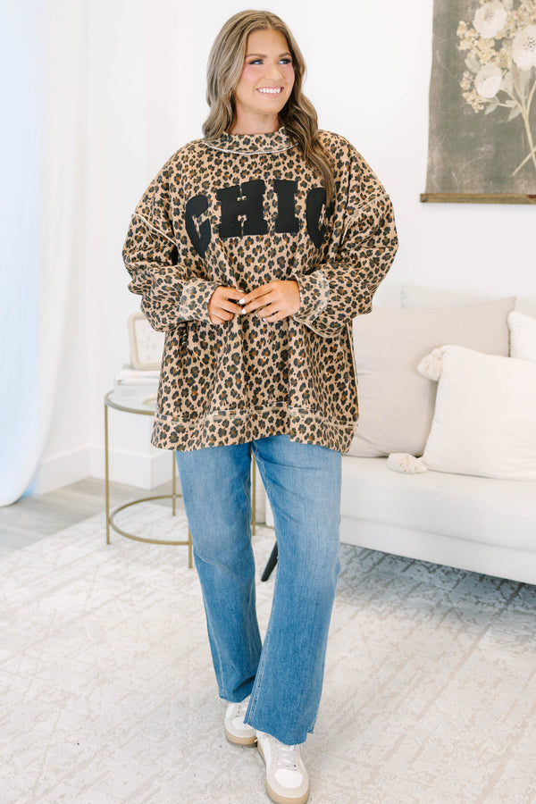 Plus Size brown leopard print mock neck pullover with black CHIC lettering and long sleeves.