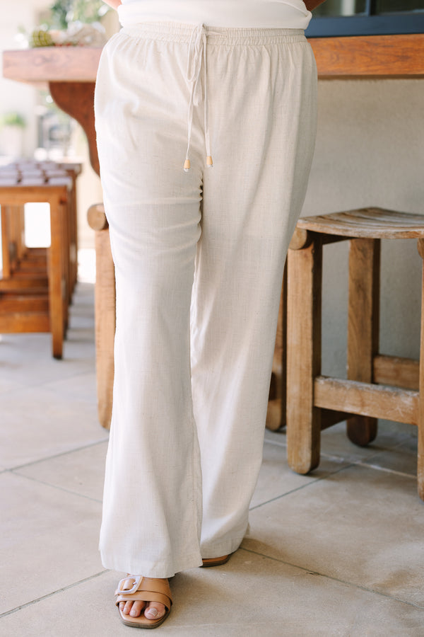 Chic Soul plus size clothing, oatmeal colored rayon linen blend pants with elastic waist and functional drawstring