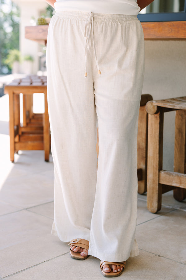 Chic Soul plus size clothing, oatmeal colored rayon linen blend pants with elastic waist and functional drawstring