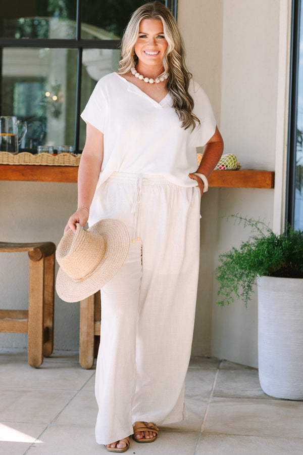 Chic Soul plus size clothing, oatmeal colored rayon linen blend pants with elastic waist and functional drawstring