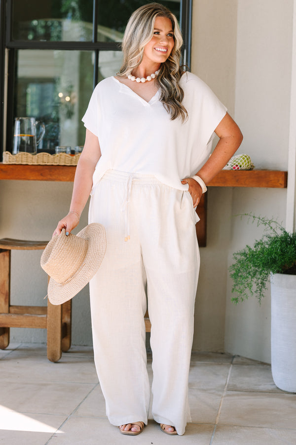 Chic Soul plus size clothing, oatmeal colored rayon linen blend pants with elastic waist and functional drawstring