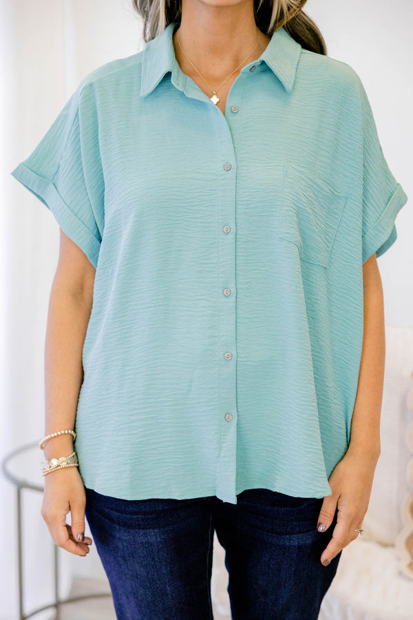 Chic Soul plus size clothing, short-sleeve collared buttoned dusty teal green top with grey buttons and a pocket on the bodice 