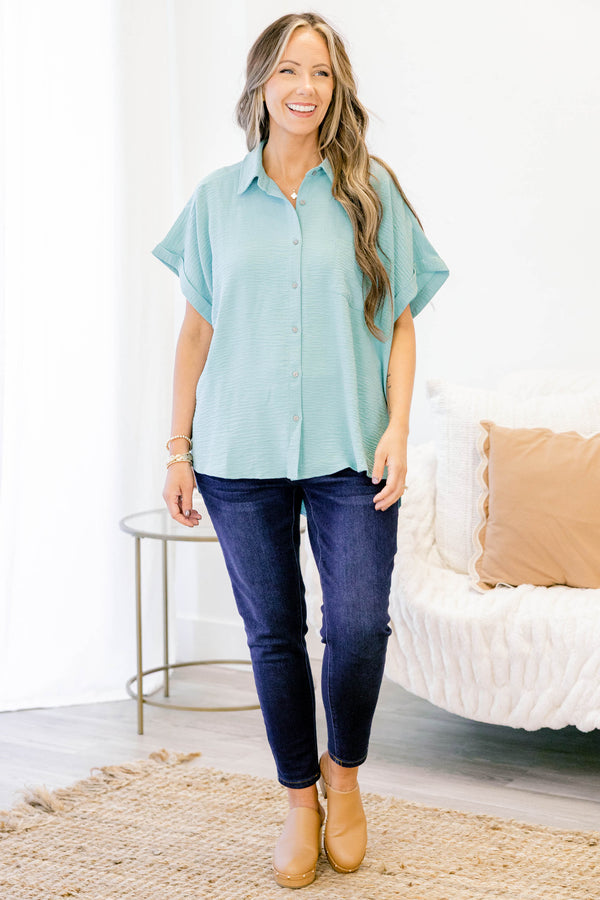 Chic Soul plus size clothing, short-sleeve collared buttoned dusty teal green top with grey buttons and a pocket on the bodice 