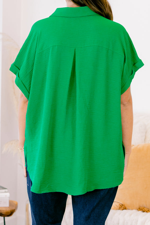 Chic Soul plus size clothing, kelly green short sleeve flowy top with v neckline with cuff sleeves