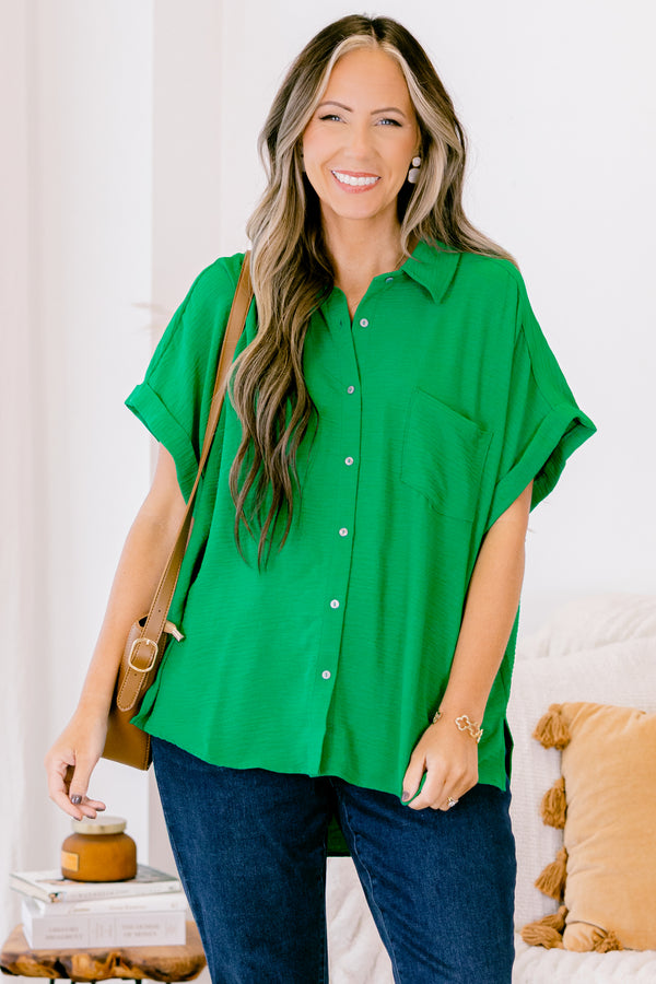 Chic Soul plus size clothing, kelly green short sleeve flowy top with v neckline with cuff sleeves