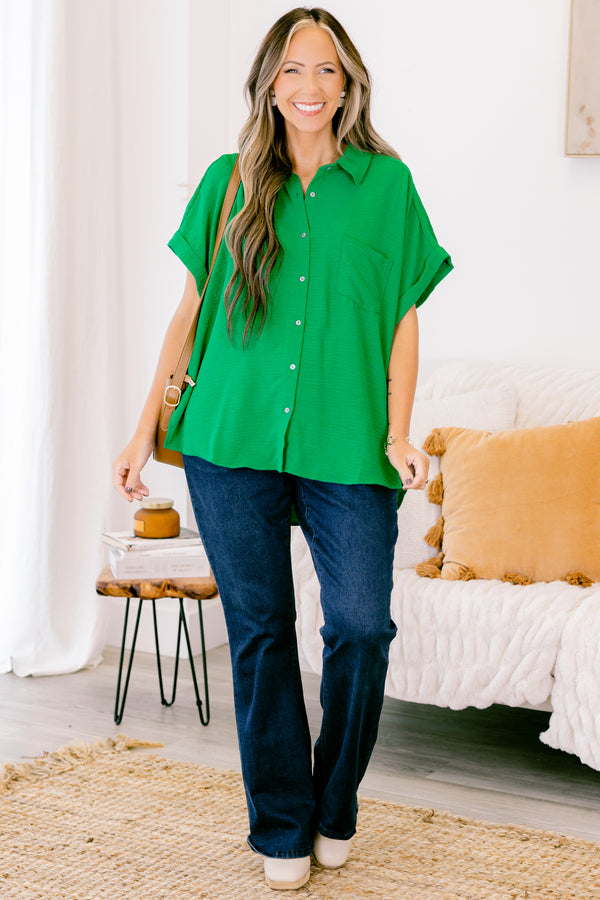 Chic Soul plus size clothing, kelly green short sleeve flowy top with v neckline with cuff sleeves