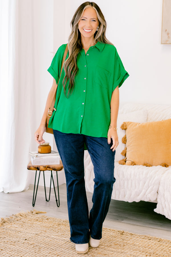 Chic Soul plus size clothing, kelly green short sleeve flowy top with v neckline with cuff sleeves