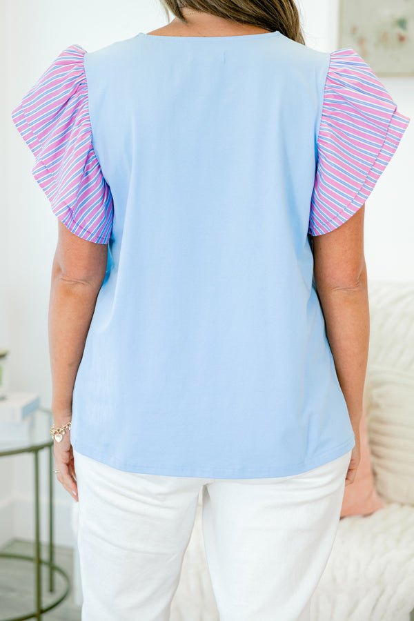 Chic Soul plus size clothing, sleeveless blue top with square-neckline and pink and blue striped ruffles on shoulders 