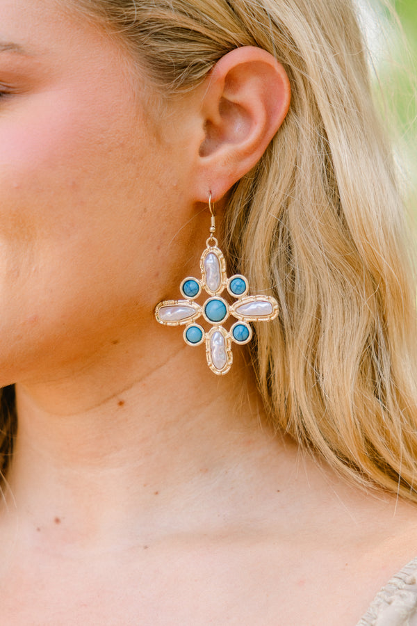 Chic Soul plus size clothing, gold and turquoise and pearl mosaic statement earrings