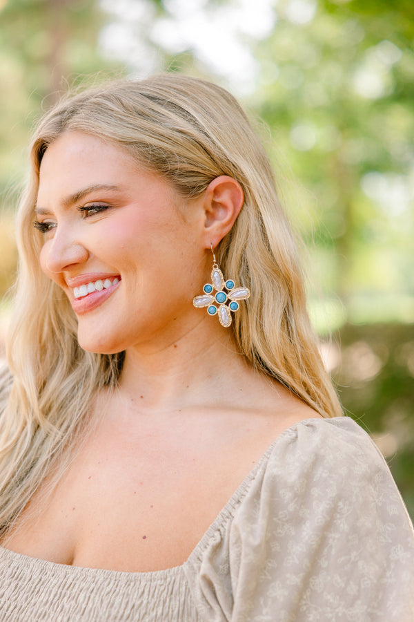 Chic Soul plus size clothing, gold and turquoise and pearl mosaic statement earrings