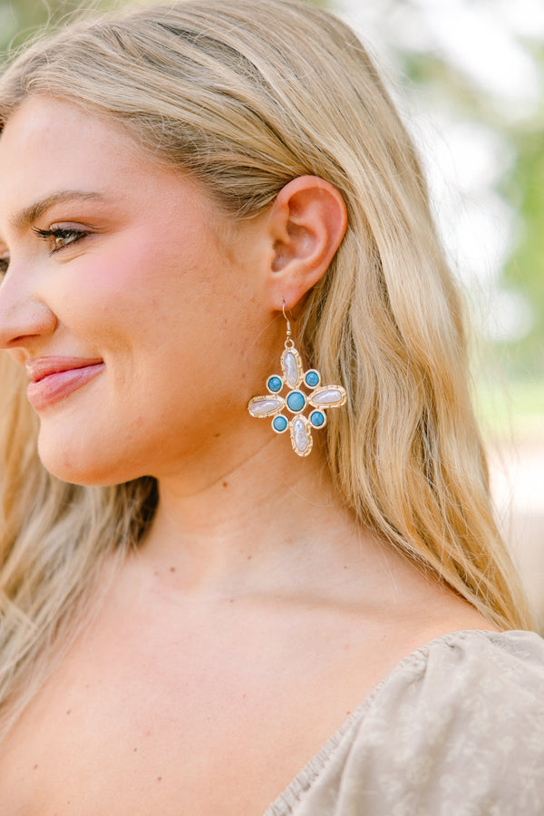 Chic Soul plus size clothing, gold and turquoise and pearl mosaic statement earrings