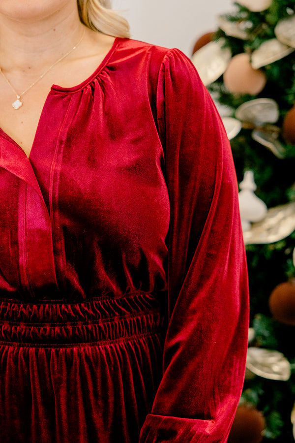 Chic Soul plus size clothing, red velour long sleeve short dress with cinched waist and v-neckline
