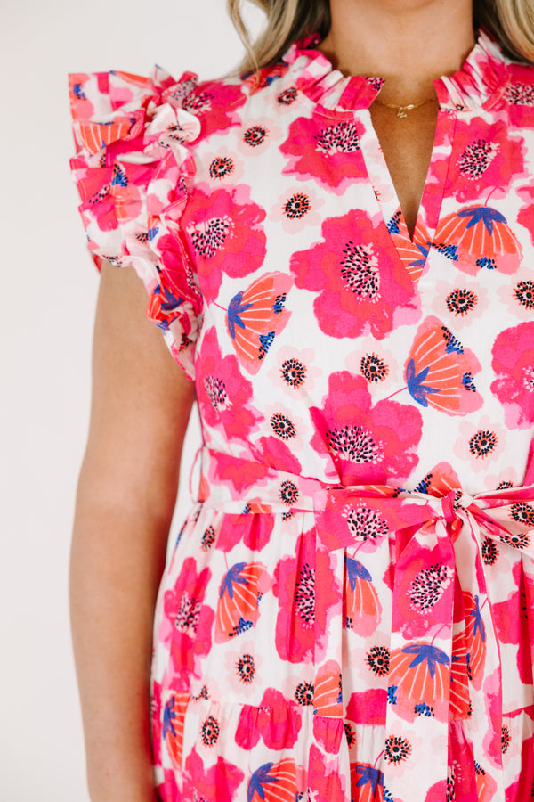 Chic Soul plus size clothing, pink floral maxi dress with flutter sleeve and a belt that ties in a bow that goes around the waist 