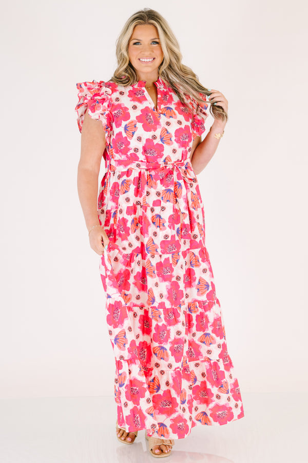 Chic Soul plus size clothing, pink floral maxi dress with flutter sleeve and a belt that ties in a bow that goes around the waist 