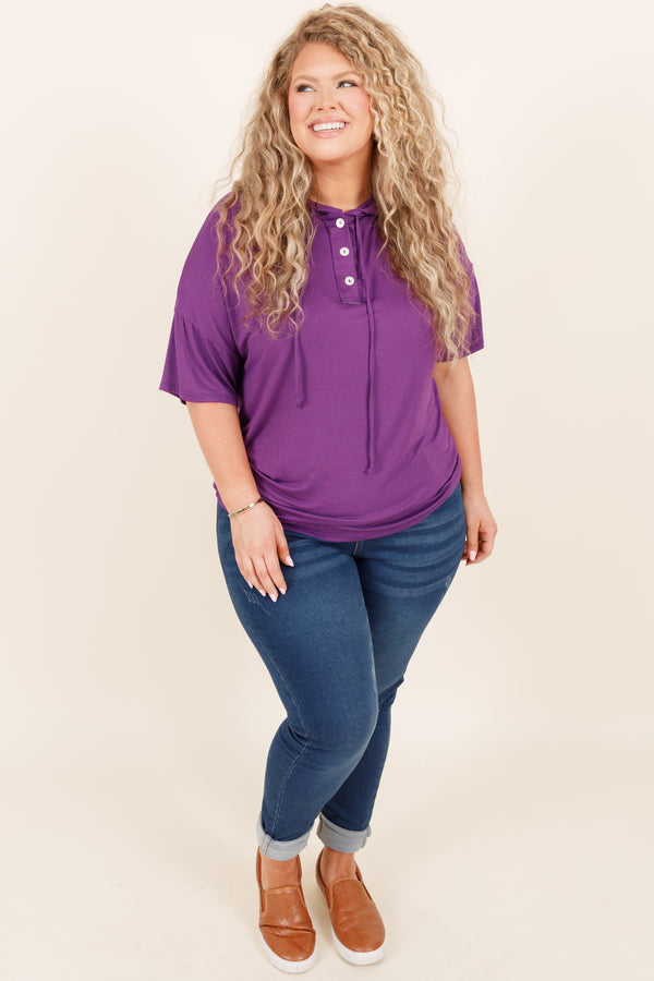 Chic Soul plus size clothing, eggplant top with drawstrings and buttoned detail neckline