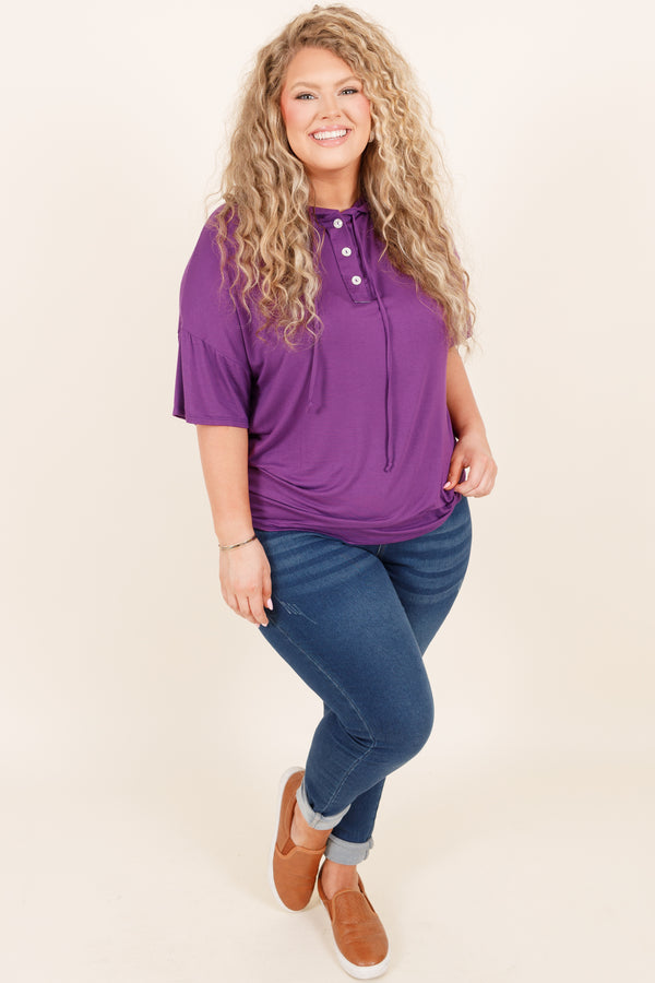 Chic Soul plus size clothing, eggplant top with drawstrings and buttoned detail neckline