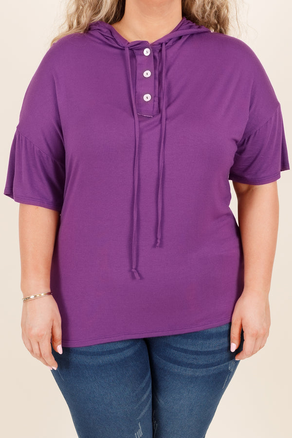 Chic Soul plus size clothing, eggplant top with drawstrings and buttoned detail neckline