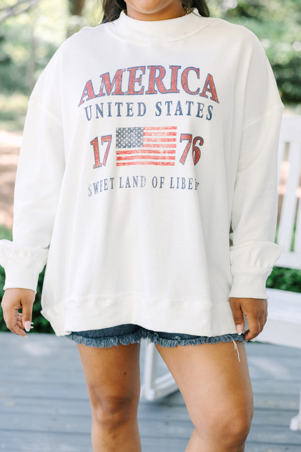 Chic soul plus size clothing, white mock neck pullover sweatshirt and vintage style American flag graphic and 