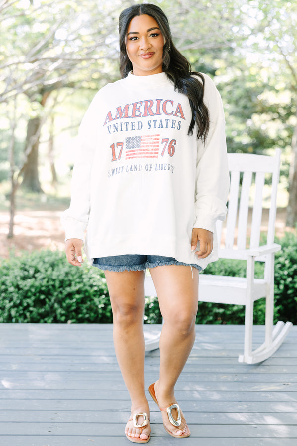 Chic soul plus size clothing, white mock neck pullover sweatshirt and vintage style American flag graphic and 