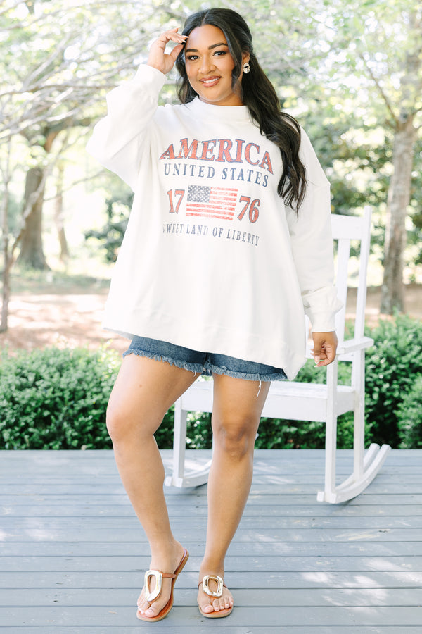 Chic soul plus size clothing, white mock neck pullover sweatshirt and vintage style American flag graphic and 