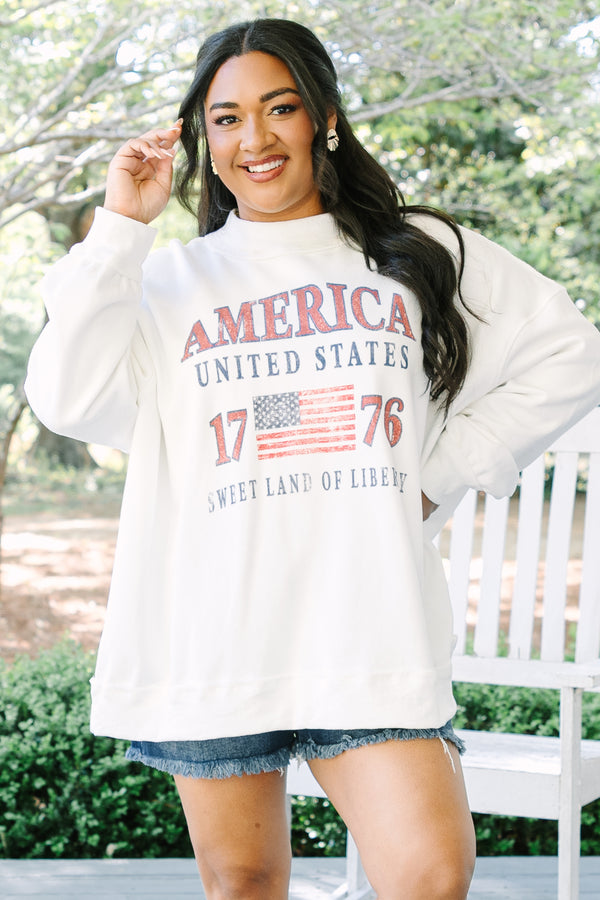 Chic soul plus size clothing, white mock neck pullover sweatshirt and vintage style American flag graphic and 