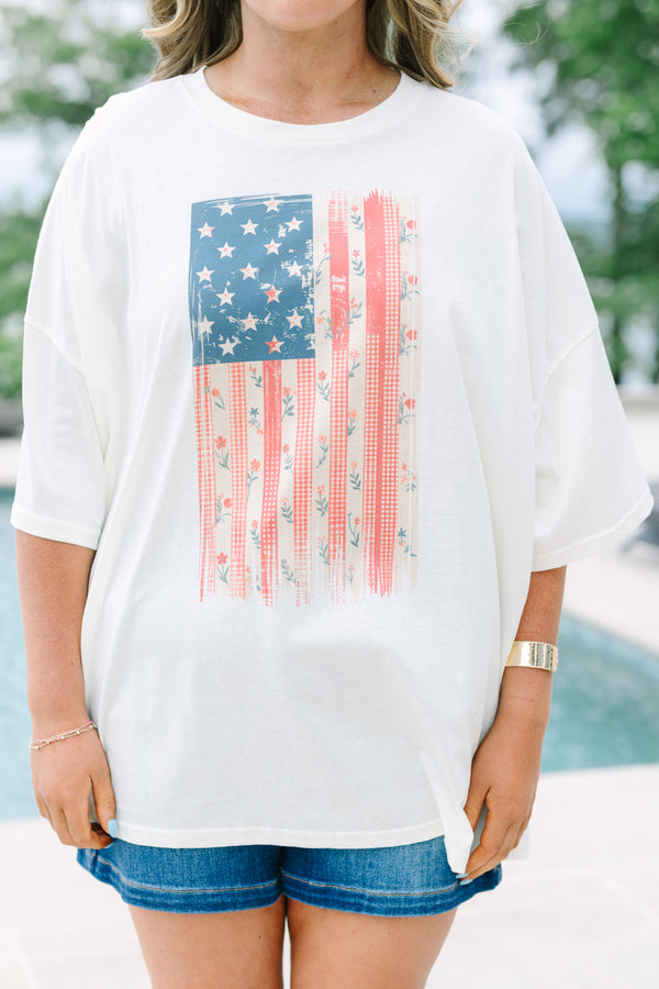 Chic Soul plus size clothing, ivory oversized boyfriend tee with American flag graphic