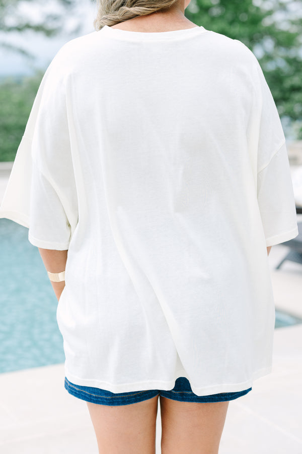 Chic Soul plus size clothing, ivory oversized boyfriend tee with American flag graphic