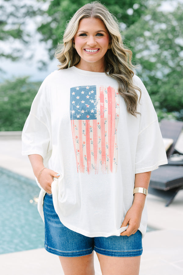 Chic Soul plus size clothing, ivory oversized boyfriend tee with American flag graphic