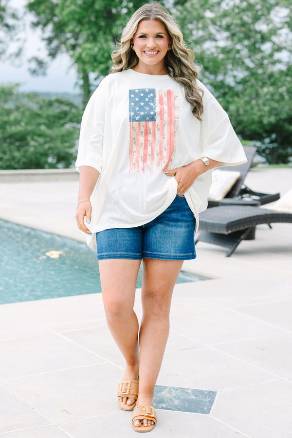 Chic Soul plus size clothing, ivory oversized boyfriend tee with American flag graphic
