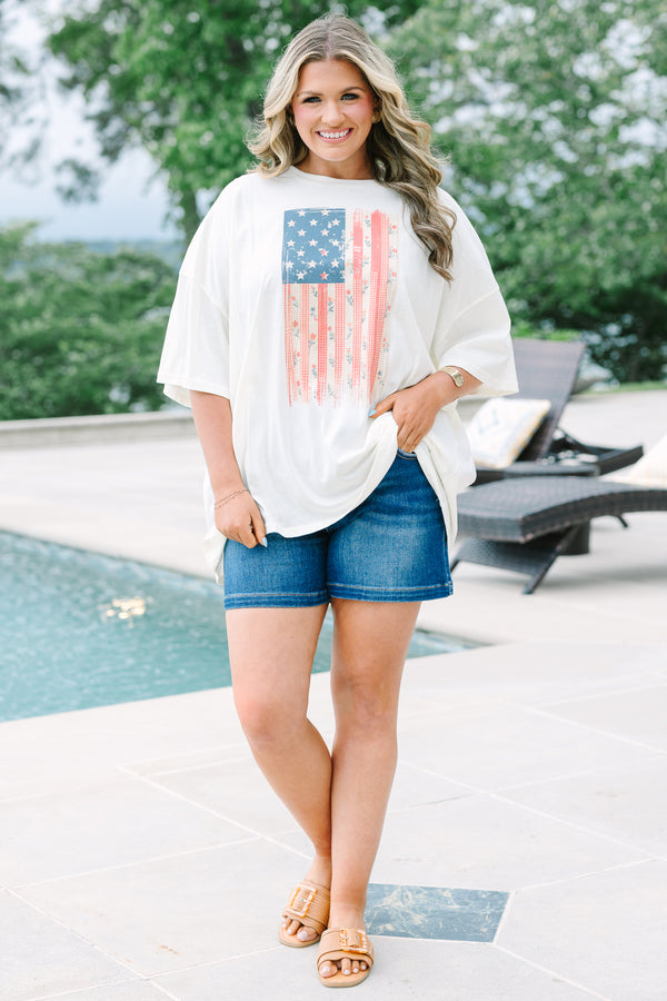 Chic Soul plus size clothing, ivory oversized boyfriend tee with American flag graphic