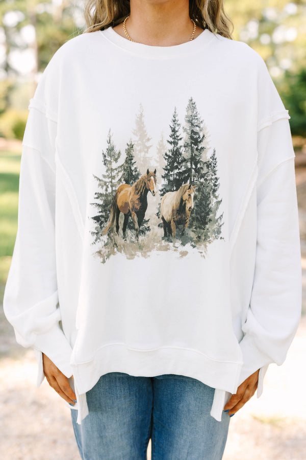 Plus size ivory Vintage Horses Comfy Crew sweatshirt with a flowy, oversized fit.