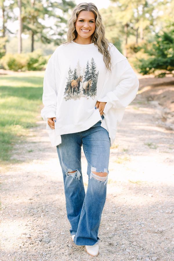 Plus size ivory Vintage Horses Comfy Crew sweatshirt with a flowy, oversized fit.
