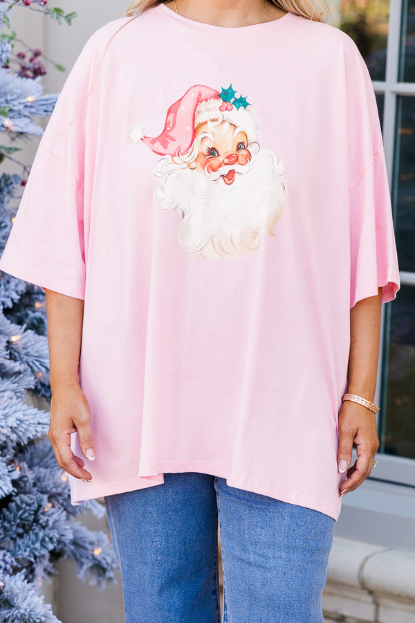 Chic Soul plus size clothing, short-sleeve dusty pink boyfriend tee with graphic art of a vintage santa claus graphic 