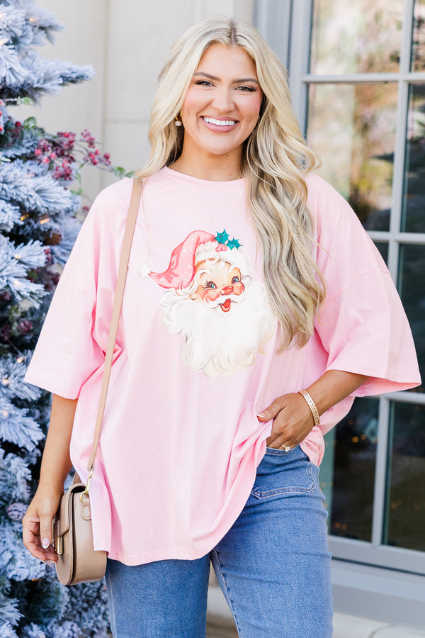 Chic Soul plus size clothing, short-sleeve dusty pink boyfriend tee with graphic art of a vintage santa claus graphic 