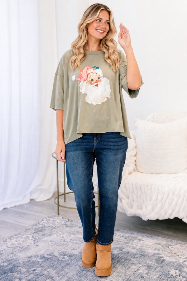 Chic Soul plus size clothing, light grey-green short sleeve slightly cropped tee with a vintage Santa wearing a pink hat 