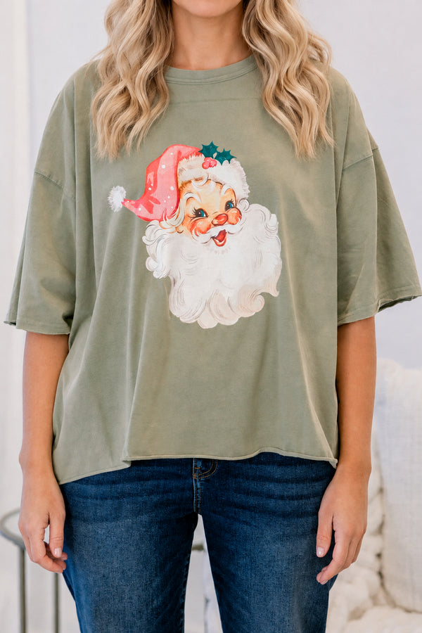 Chic Soul plus size clothing, light grey-green short sleeve slightly cropped tee with a vintage Santa wearing a pink hat 