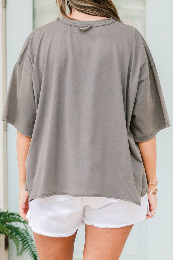 Chic Soul plus size clothing, charcoal gray vintage wash tee with white 