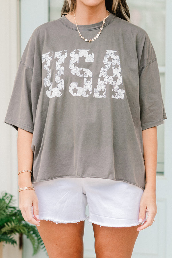 Chic Soul plus size clothing, charcoal gray vintage wash tee with white 