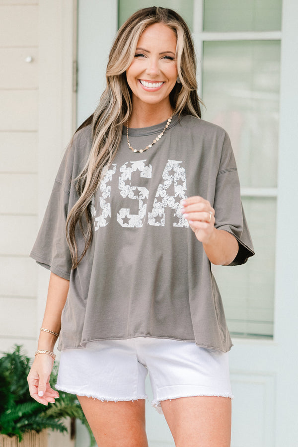Chic Soul plus size clothing, charcoal gray vintage wash tee with white 