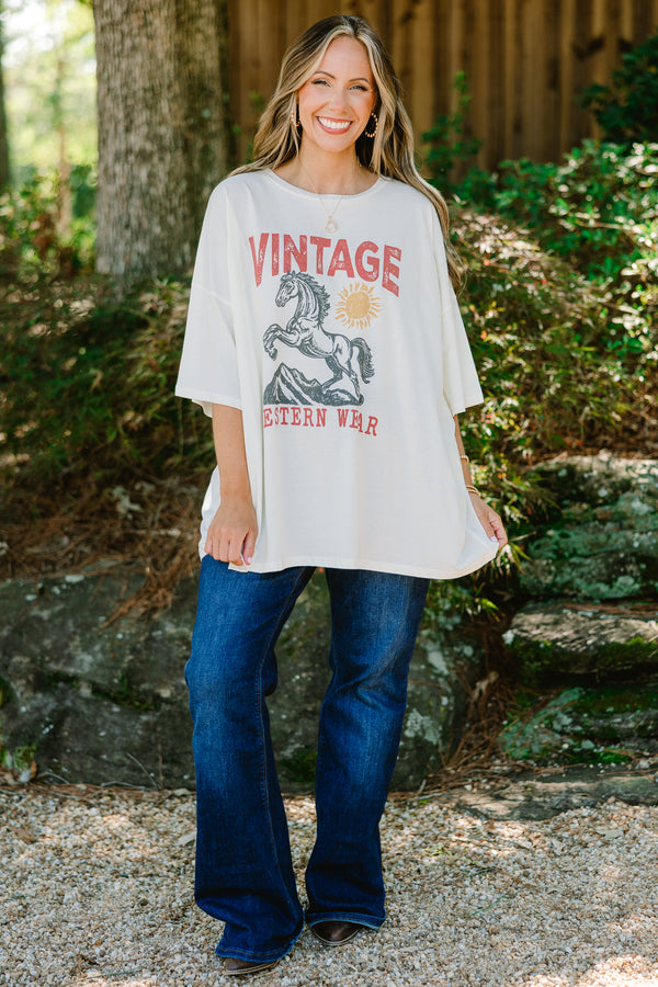 Chic Soul plus size clothing, off white graphic boyfriend tee with 